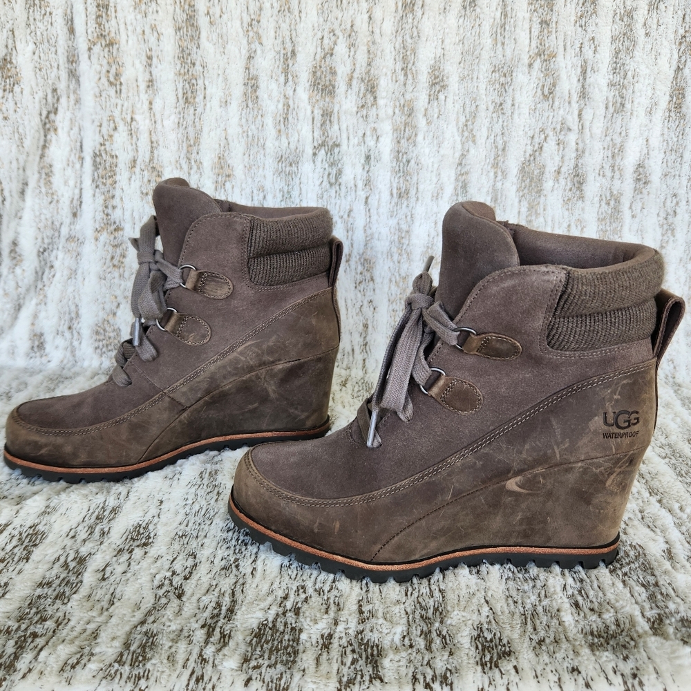 UGG "Kriston" Waterproof Suede Wedge Heeled Boots Taupe Brown | Women's Size 7.5 - Picture 7 of 12